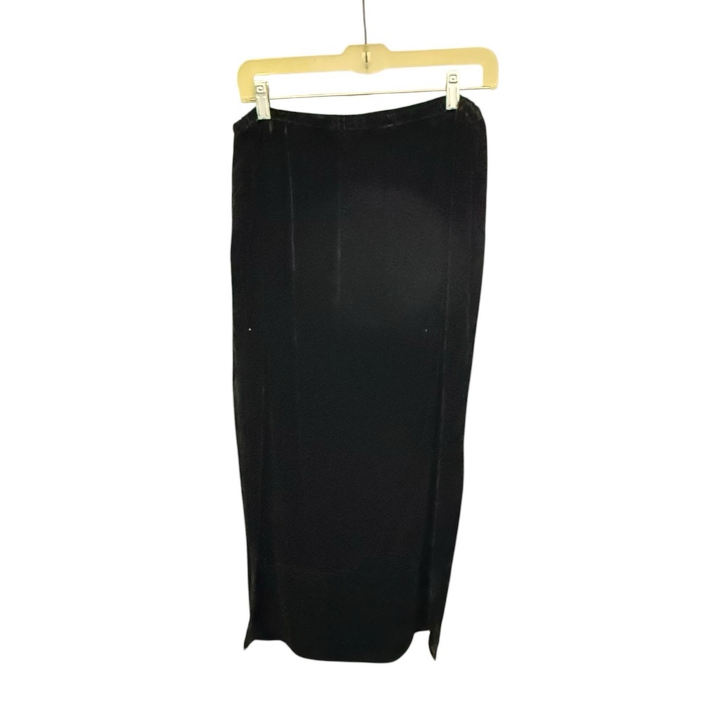 VTG Black Velvet Rayon‎ Silk Lined Maxi Skirt Double Side Slit Whimsigoth READ